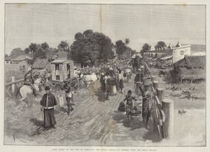 Strada principale della città di Mandalay, la capitale reale della Birmania; con il bazar del re